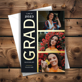 Gold Foil 3 Photo Collage Faire-part de graduation