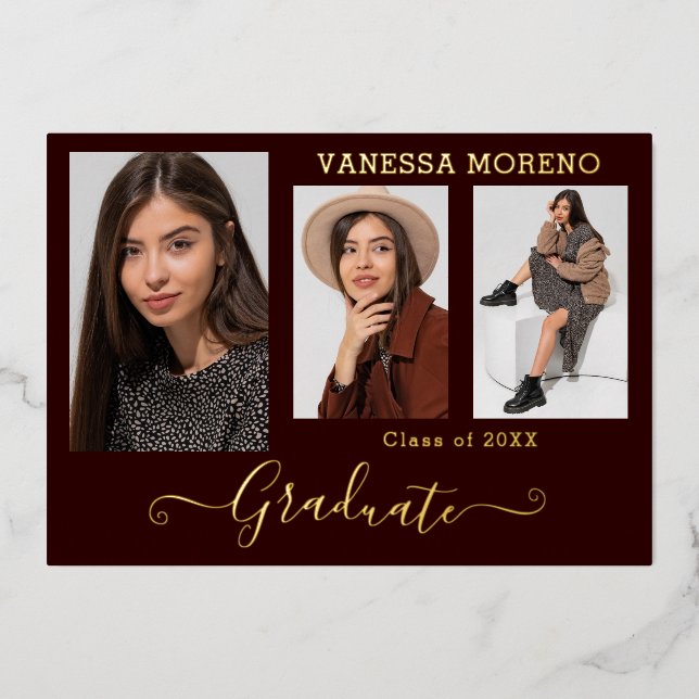 Gold Foil 3 Photo Moderne Calligraphie Carte Grad  (Recto)