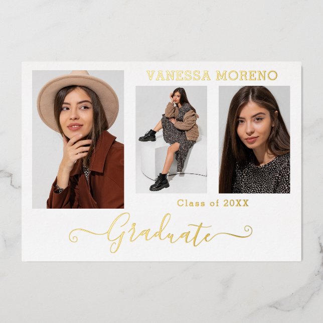 Gold Foil 3 Photo Moderne Calligraphie Carte Grad  (Recto)