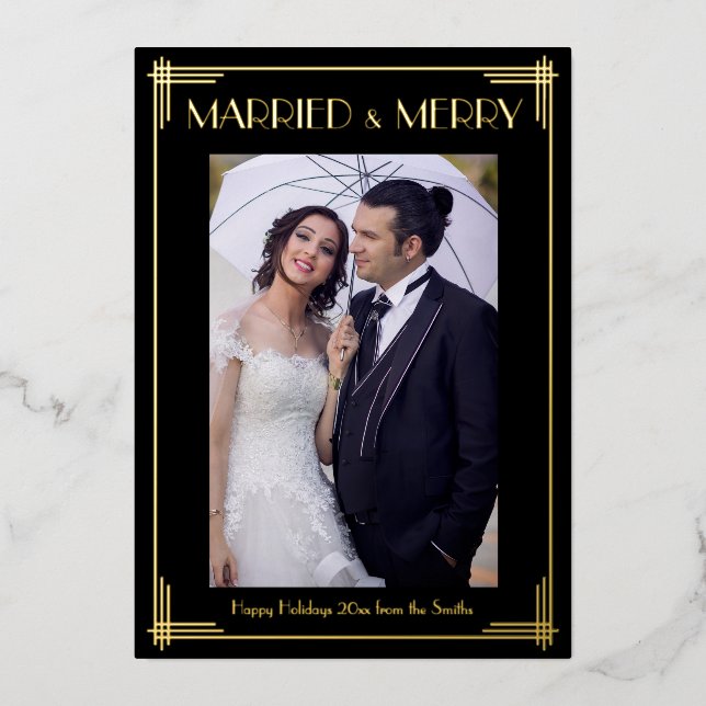 Gold Foil Art déco Marié & Joyeuse carte de Noël (Recto)
