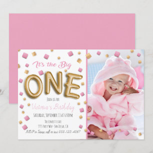 Gold Foil Ballon 1er Anniversaire Photo Invitation