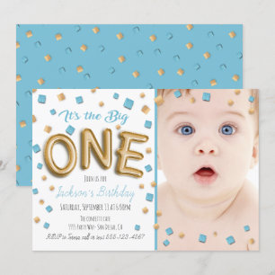 Gold Foil Ballon 1er Anniversaire Photo Invitation