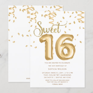 Gold Foil Balloon Sweet 16 Anniversaire Invitation