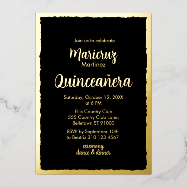 Gold Foil Black Quinceañera Photo Invitation (Recto)