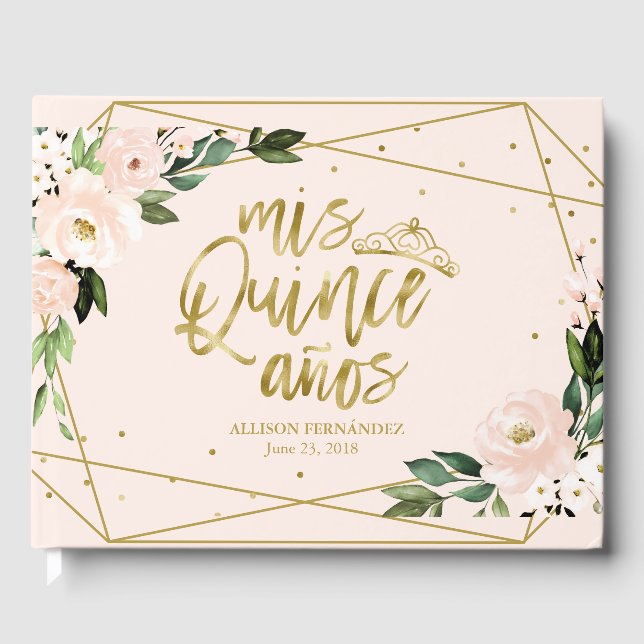 Gold Foil Blush Rose Floral Quinceanera Livre d'or (Recto)