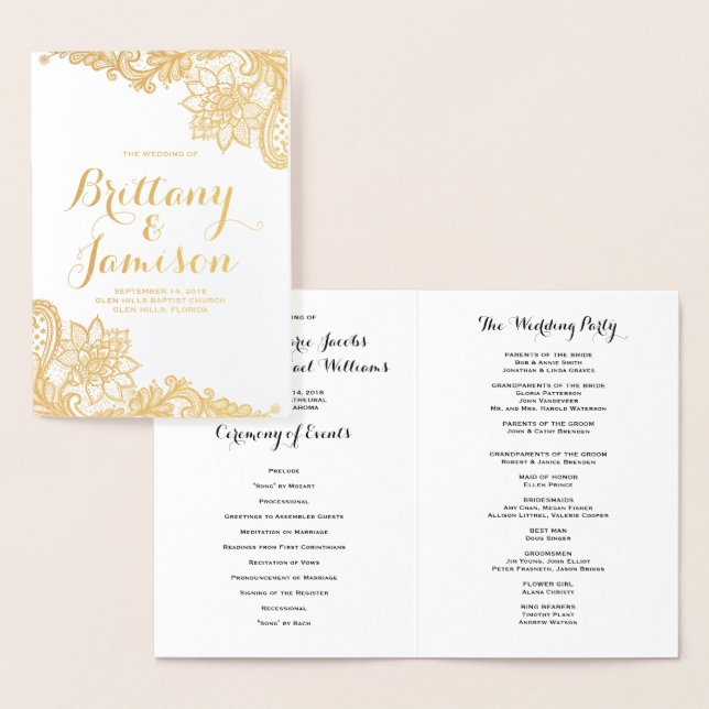 Gold Foil Damask Lace Vintage Wedding Programme (Affichage)