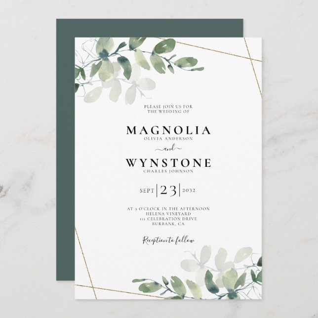 Gold Foil Eucalyptus Faire-part de mariage botaniq (Devant / Derrière)