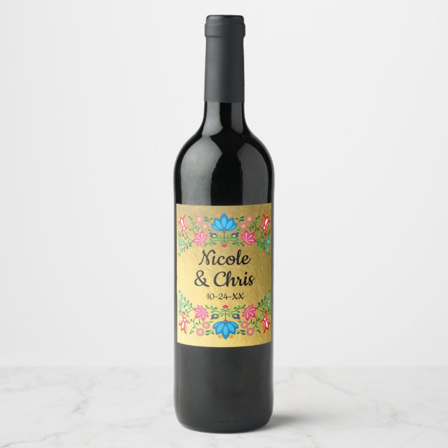 Gold Foil Floral Mariage mexicain étiquette vin  (Devant)
