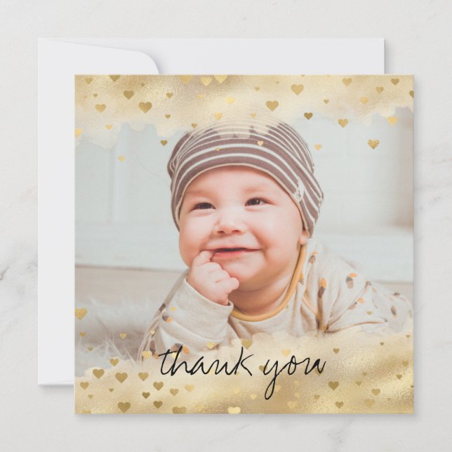 Gold Foil Frame Baby Photo Carré Carte de remercie (Devant)