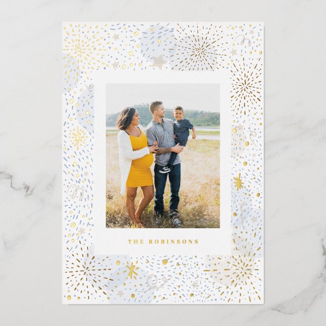 Gold Foil Handdraw Fireworks Nouvel An Carte photo (Recto)