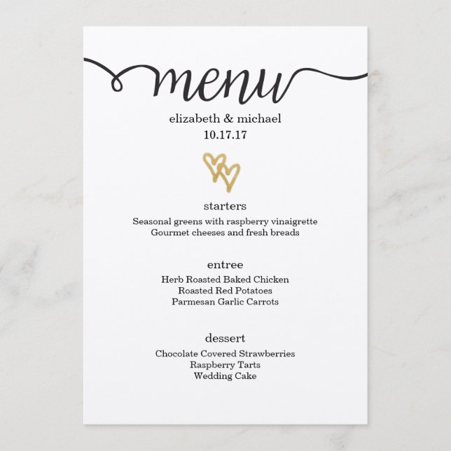 Gold Foil Hearts Kraft Papier Mariage Menu (Devant)