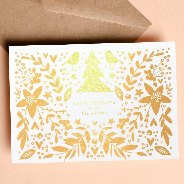 Gold Foil Joli Oiseaux et Fleurs Carte de Noël (Créateur téléchargé)