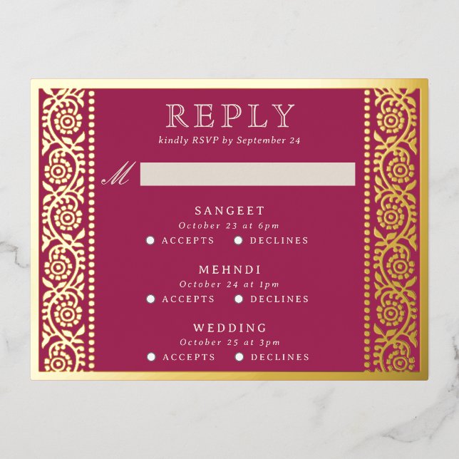 Gold Foil Multi Événement Floral Wedding Carte RSV (Recto)