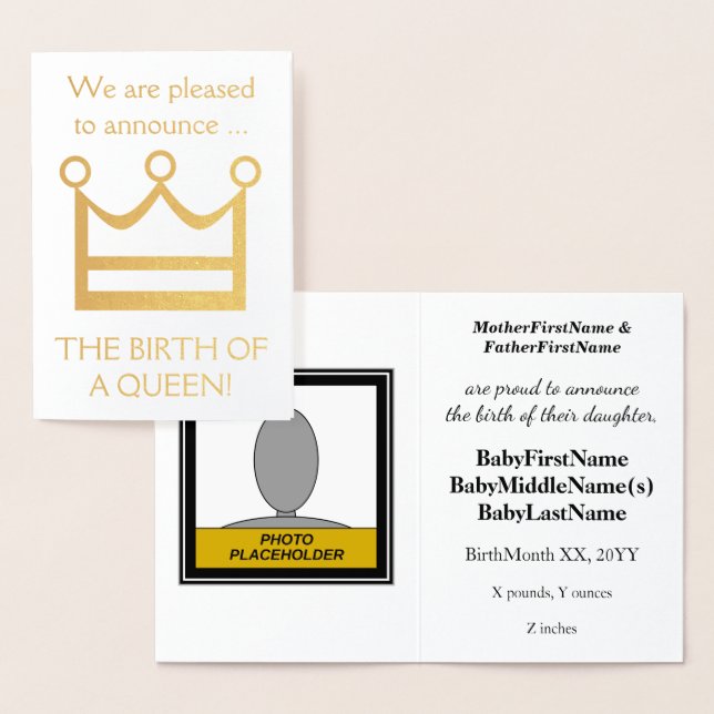 Gold Foil "NAISSANCE D'UNE REINE !" Faire-part béb (Affichage)