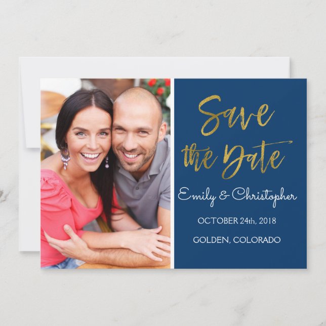 Gold Foil & Navy Blue Save the Date Photo (Devant)