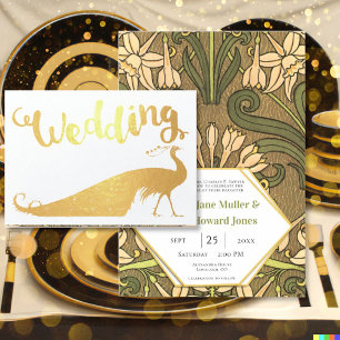Gold Foil Peacock Typographie Mariage Invitations
