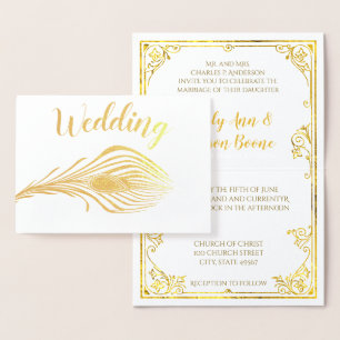Gold Foil Peacock Typographie Mariage Invitations