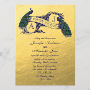 Gold Foil Peacock Vintage Wedding Invitation