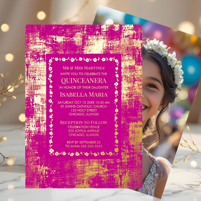 Gold Foil Quinceañera Invitation Glam Pink Sparkle (Créateur téléchargé)