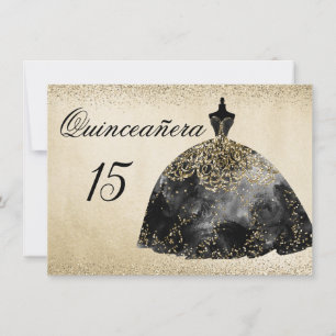Gold Foil Robe noire Quinceanera invitation