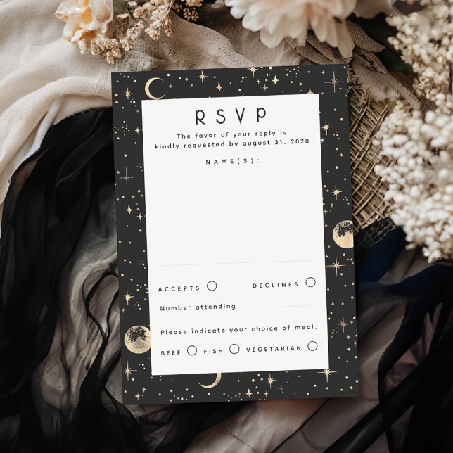 Gold Foil Stars Mariage céleste RSVP (Black Celestial RSVP Card)