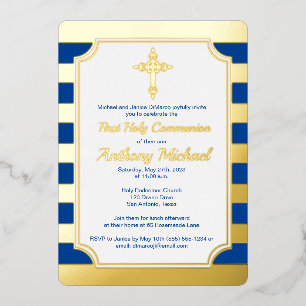 Gold Foil Striped 1er Invitation communion avec cr