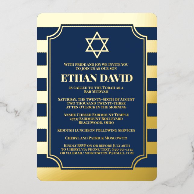 Gold Foil Striped Bar Mitzvah Invitation avec Star (Recto)