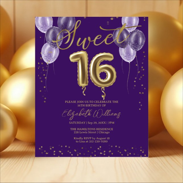 Gold Foil Sweet 16 Ballons Invitations Budget (Créateur téléchargé)