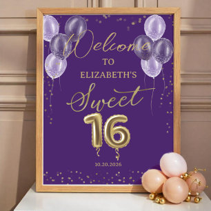Gold Foil Sweet 16 Ballons Purple Affiche de bienv