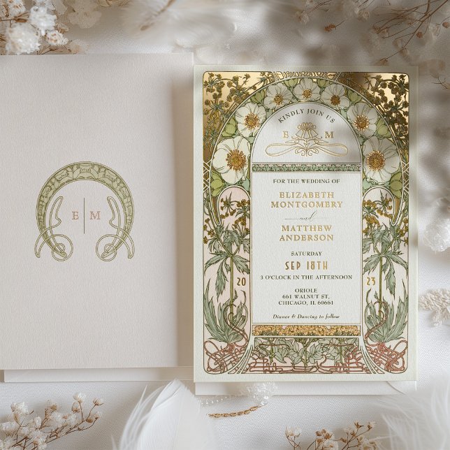 Gold Foil Vintage Wedding Invitations Art Nouveau (Créateur téléchargé)