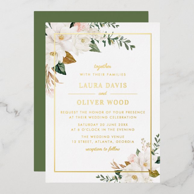 Gold Foil white magnolia floral wedding invitation (Recto/Verso)