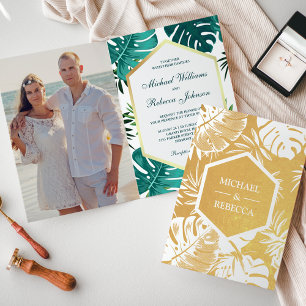 Gold Foil White Monstera Turquoise Faire-part de m
