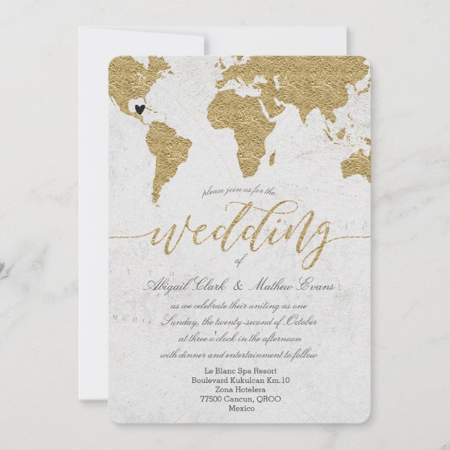 Gold Foil World Map Destination Wedding Invitation (Devant)