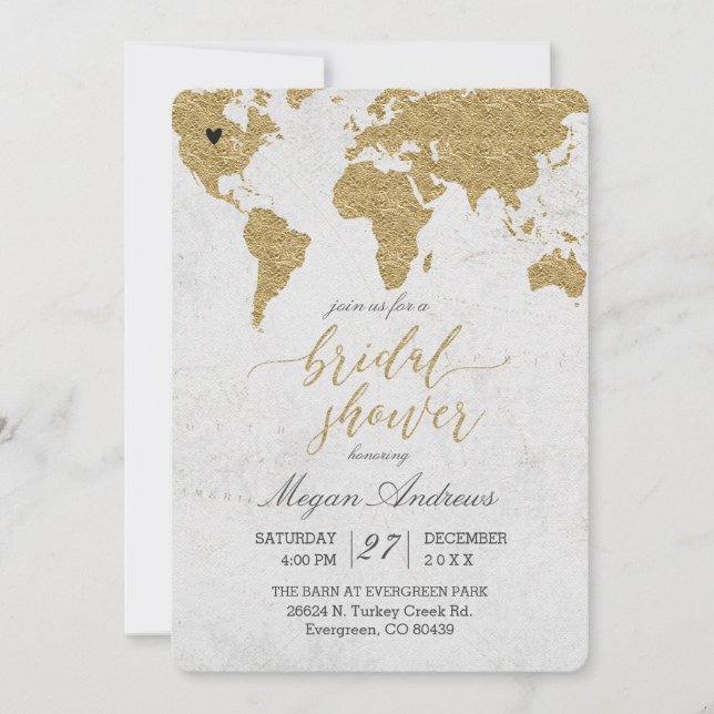 Gold Foil World Map Invitation de douche nuptiale (Devant)