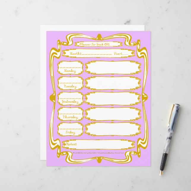 Gold Frame Border Fabric Font Weekday Planner (Devant/Arrière en situation)