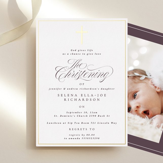 Gold Frame Cross Christening Photo Invitation (Créateur téléchargé)