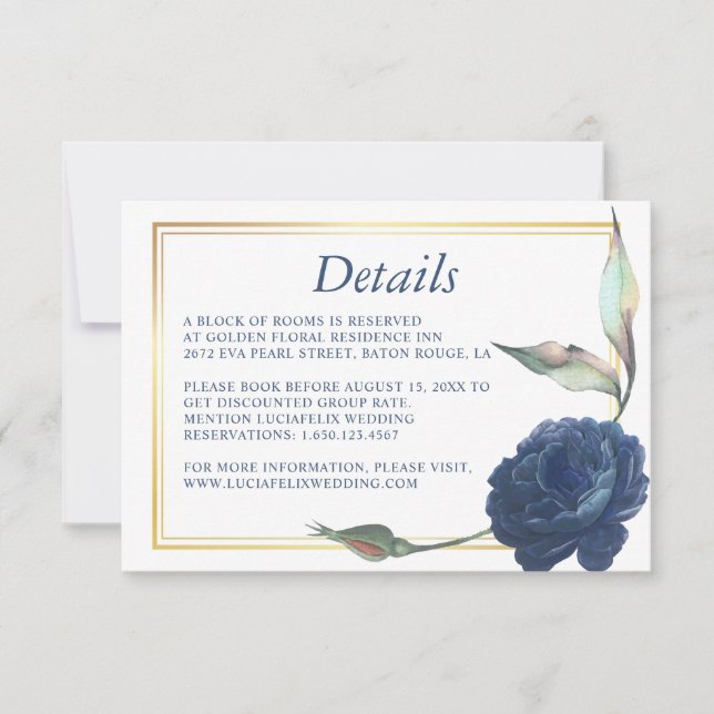 Gold Frame Navy Blue Rose Mariage carte de détail (Devant)