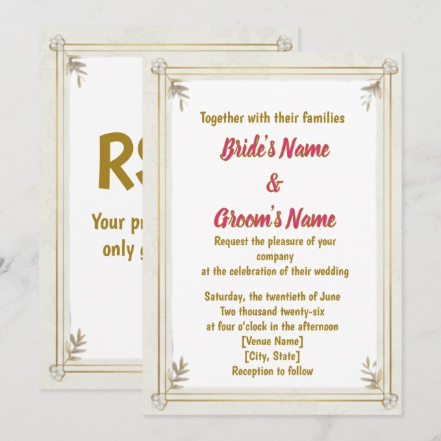 Gold Frame Pearl Floral Wedding Invitation (Devant / Derrière)