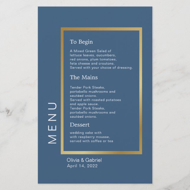 Gold Frame Simple élégant menu mariage bleu classe (Devant)