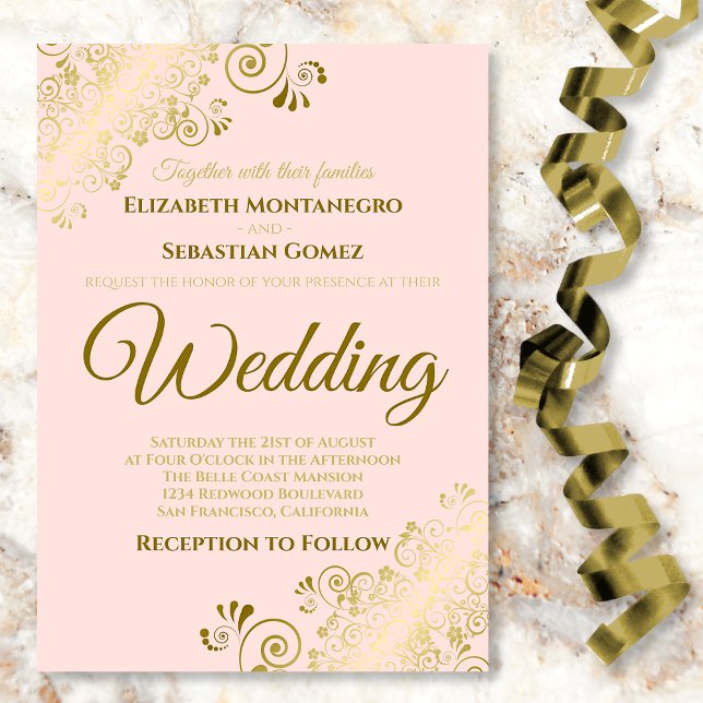 Gold Frills Blush Pink Chic Faire-part de mariage (Créateur téléchargé)