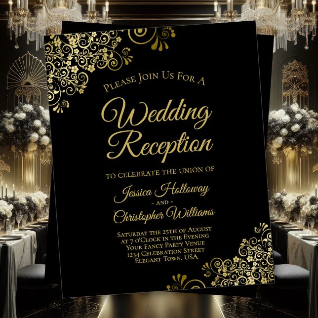 Gold Frills BUDGET Black Wedding Invitation de réc (Front/Back)