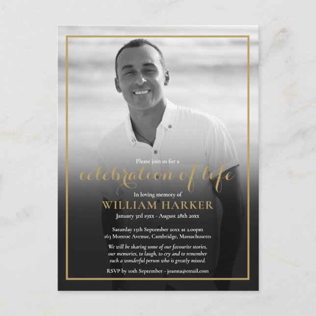 Gold Funeral Black and White Photo Invitation (Devant)