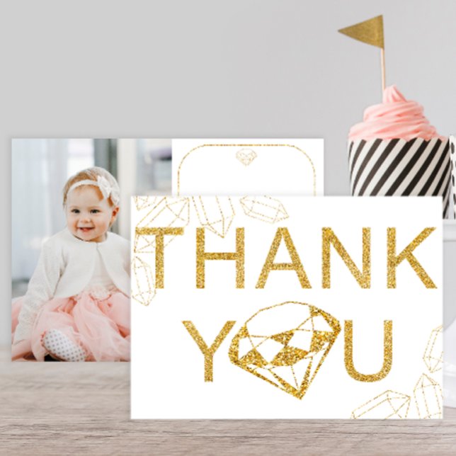 Gold Gem Photo Carte de remerciements fête d'anniv (Gold diamond thank you card, Gem birthday party)