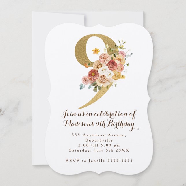 Gold Girls Floral 9e anniversaire Invitation de fê (Devant)