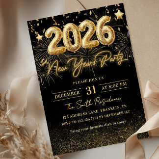 Gold Glitter 2026 New Year Party Invitation