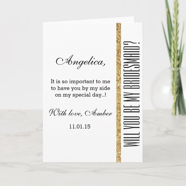 Gold Glitter Will You Be My Bridesmaid Invitation (Devant)