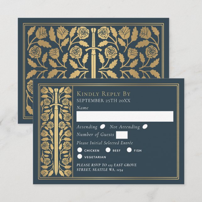 Gold Gray Medieval Sword Wedding RSVP (Devant / Derrière)