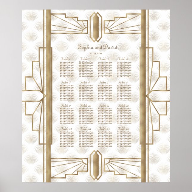 Gold Great Gatsby Art Déco Mariage Seing Chart (Devant)