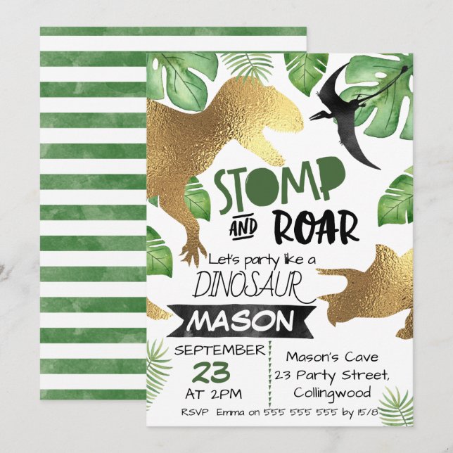 Gold Green Dinosaur invitation d'anniversaire (Devant / Derrière)