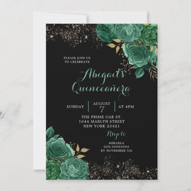 Gold Green Emerald Floral Quinceañera Invitation (Devant)